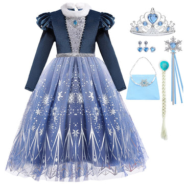 Luzlen Girls Elsa Costume Snow Princess Dress Up Blue Halloween Party Cosplay Outfits With Accessories, 4-5T(Tag 120)
