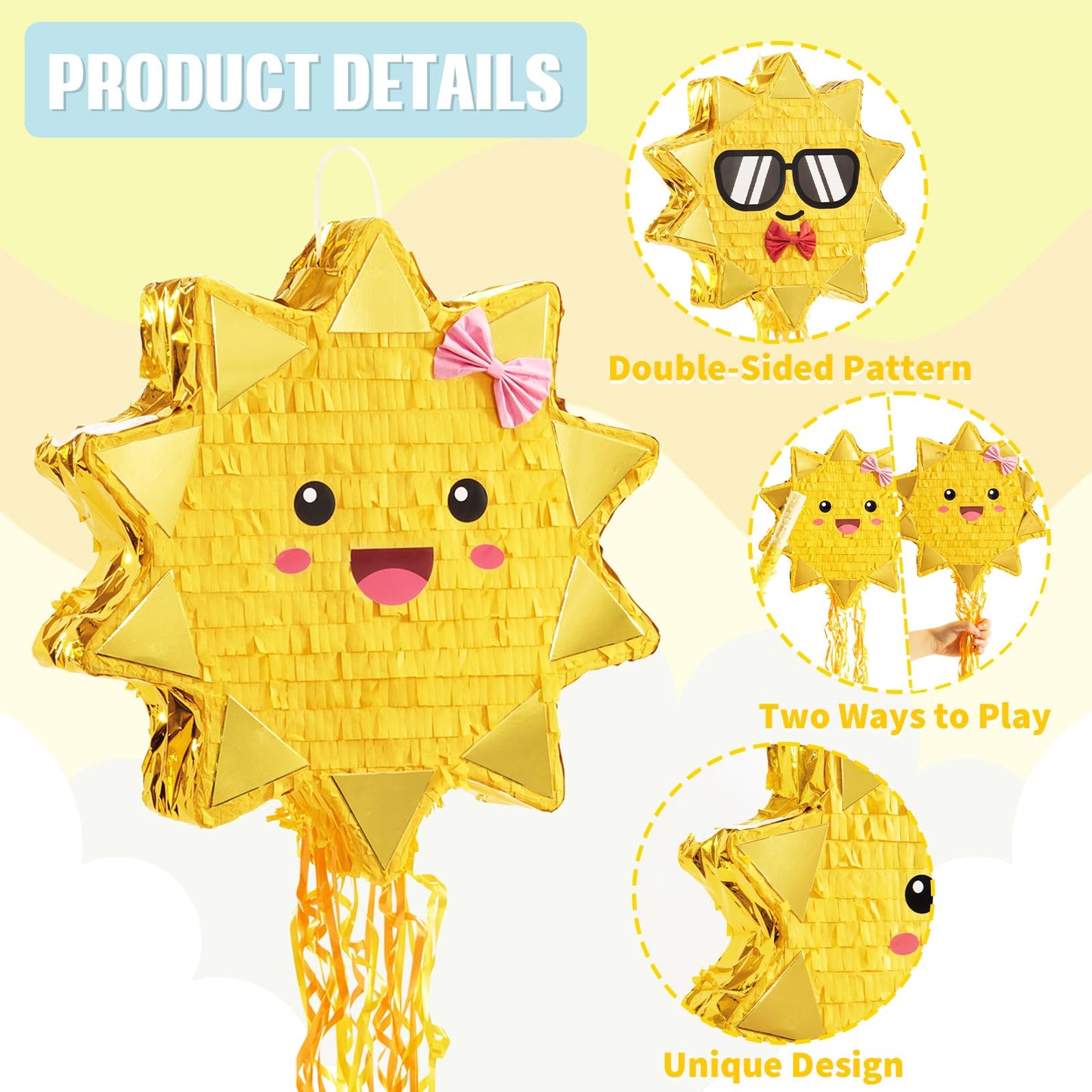 WERNNSAI Sun Pinata - Pull String Sunshine Party Decoration for Kids - Yellow - Includes Blindfold and Bat for Birthday & Baby Shower