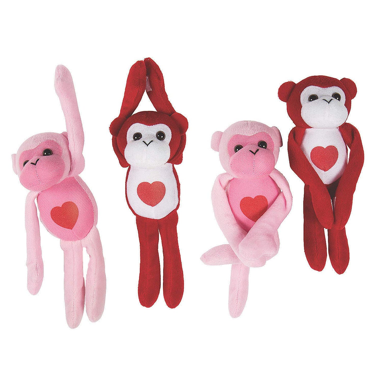 Fun Express Stuffed Gorillas - 12 Pieces, Cotton, Pink/Red, Great for Valentine's Day Decor and Favors, Model 13933412