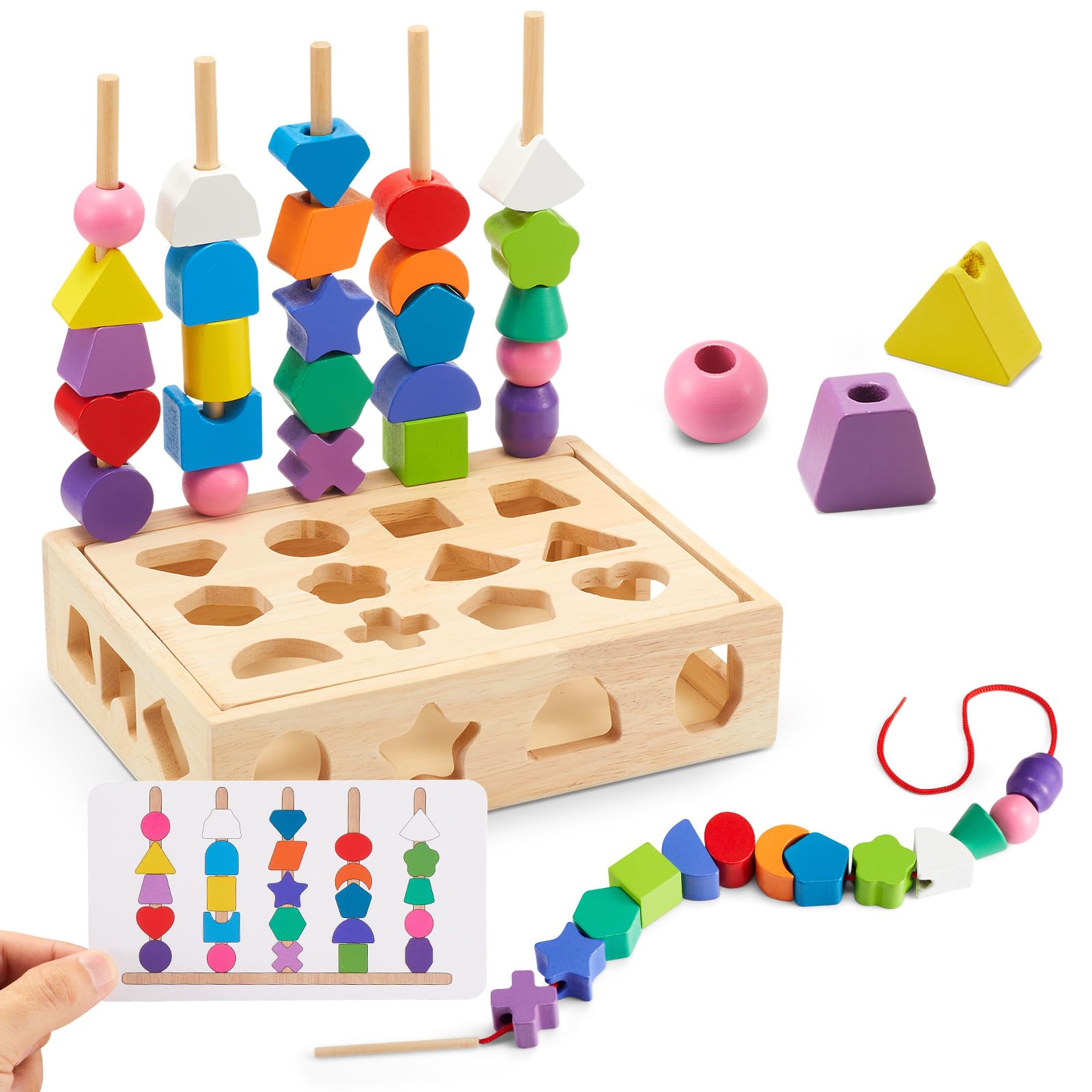 Zgimi 3 In 1 Montessori Wooden Toys, Lacing Beads & Stacking Blocks & Shape Sorter Sequencing Toy Set, Stem Preschool Educationa