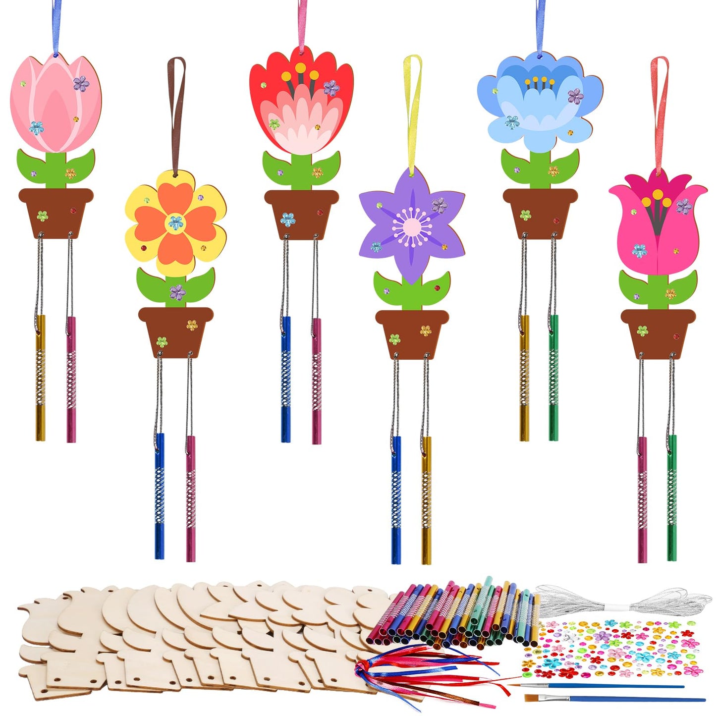 Fennoral 12 Pack Flower Wind Chime Craft for Kids Make You Own Flower Wind Chimes Ornaments DIY Coloring Wooden Art and Craft fo
