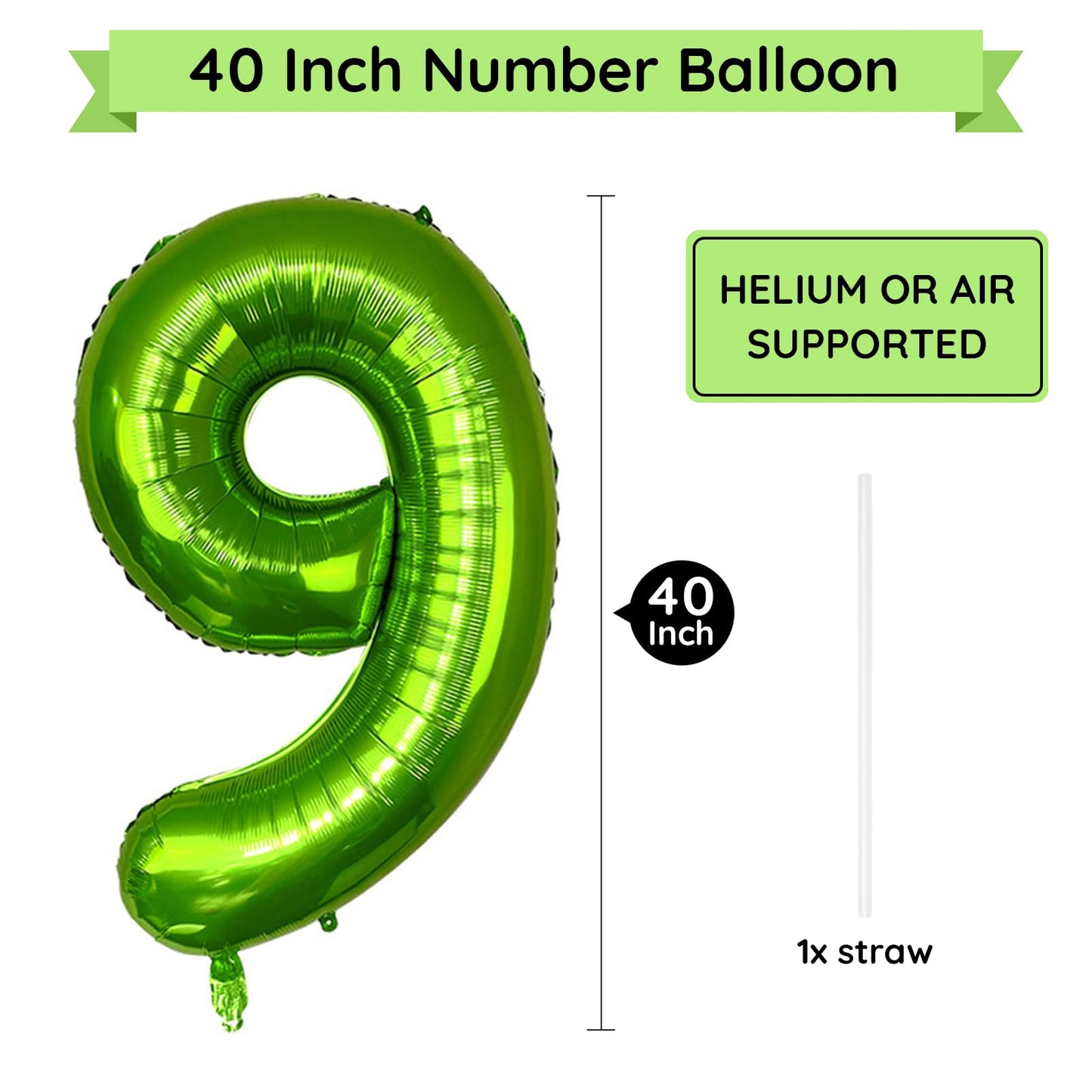 Paticool 40 Inch Green Number Balloon 9, Large Number Foil Balloons Mylar For Girl Boy Birthday Party Celebration Decorations Su