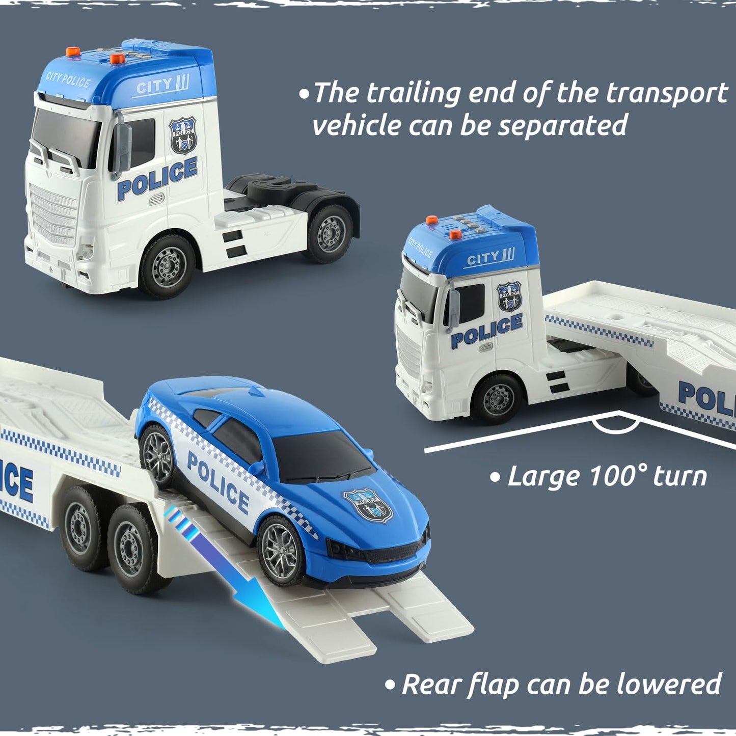 Csdcsd 25.6'' Large Police Car Toy And Semi Truck Toy With Racing Car And Helicopter - Police Toys,Birthday Gifts For Kids Child