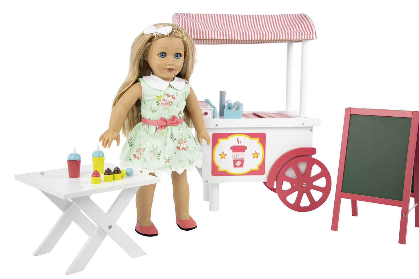 Playtime By Eimmie 18 Inch Doll Furniture - Cafe Food Cart And Dolls Accessories - Wooden Playsets - Fits American, Generation, My Life & Similar 14”-18” Girl Dolls Stuff - Girls Toys