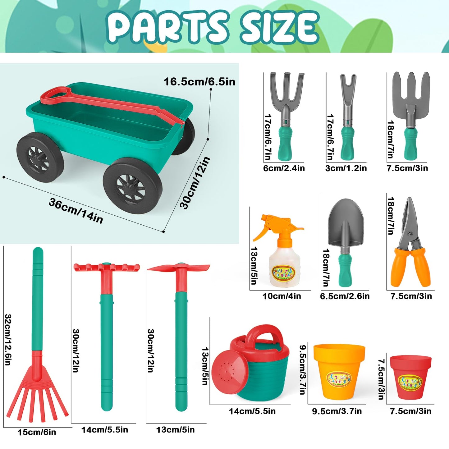Deao Kids Garden Wagon Wheelbarrow And Gardening Tools Play Set Includes 10 Accessories And 4 Plant Pots,Great Outdoor Toddler T