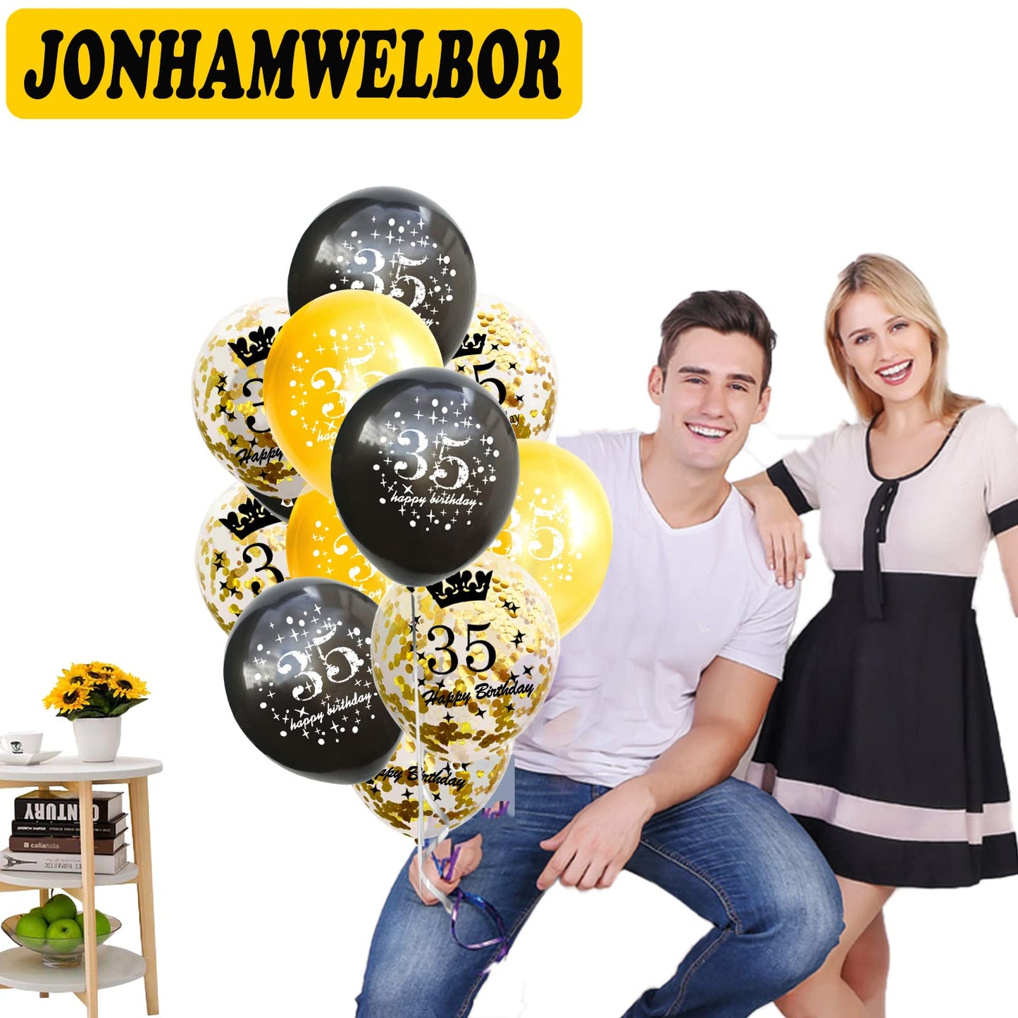 Jonhamwelbor Happy 35Th Birthday Balloon (15Pcs 12Inch) Black And Gold Latex Inflatable Clear Confetti Anniversary Party Helium