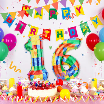 32 Inch Building Block Number Balloon, Colorful Number Block Foil Balloons Helium Balloon Numbers For Birthday Brick Theme Party Decorations (Number 8)