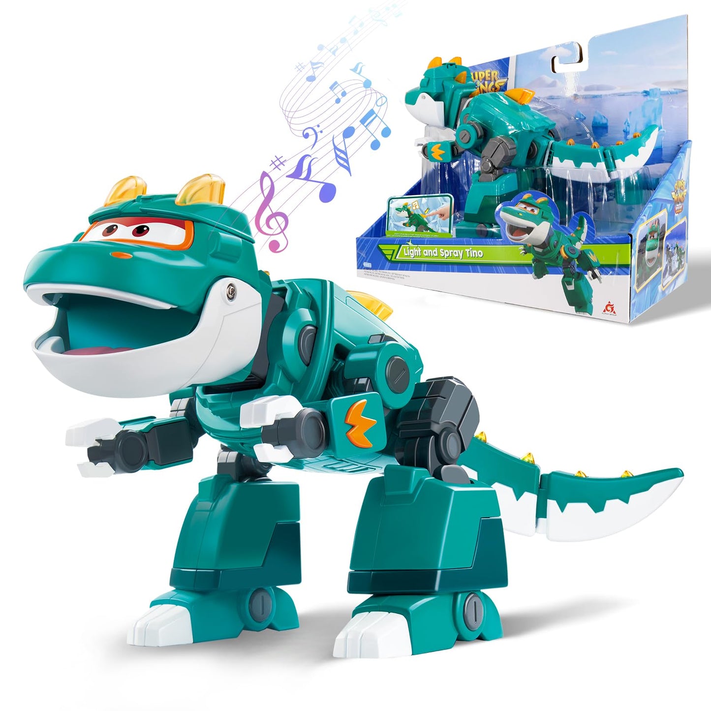 Super Wings Dinosaur Toys Tino - 15'' Green Robot with Spray, Lights & Roar Sounds, Action Figure for Kids 3-5, Model 760437