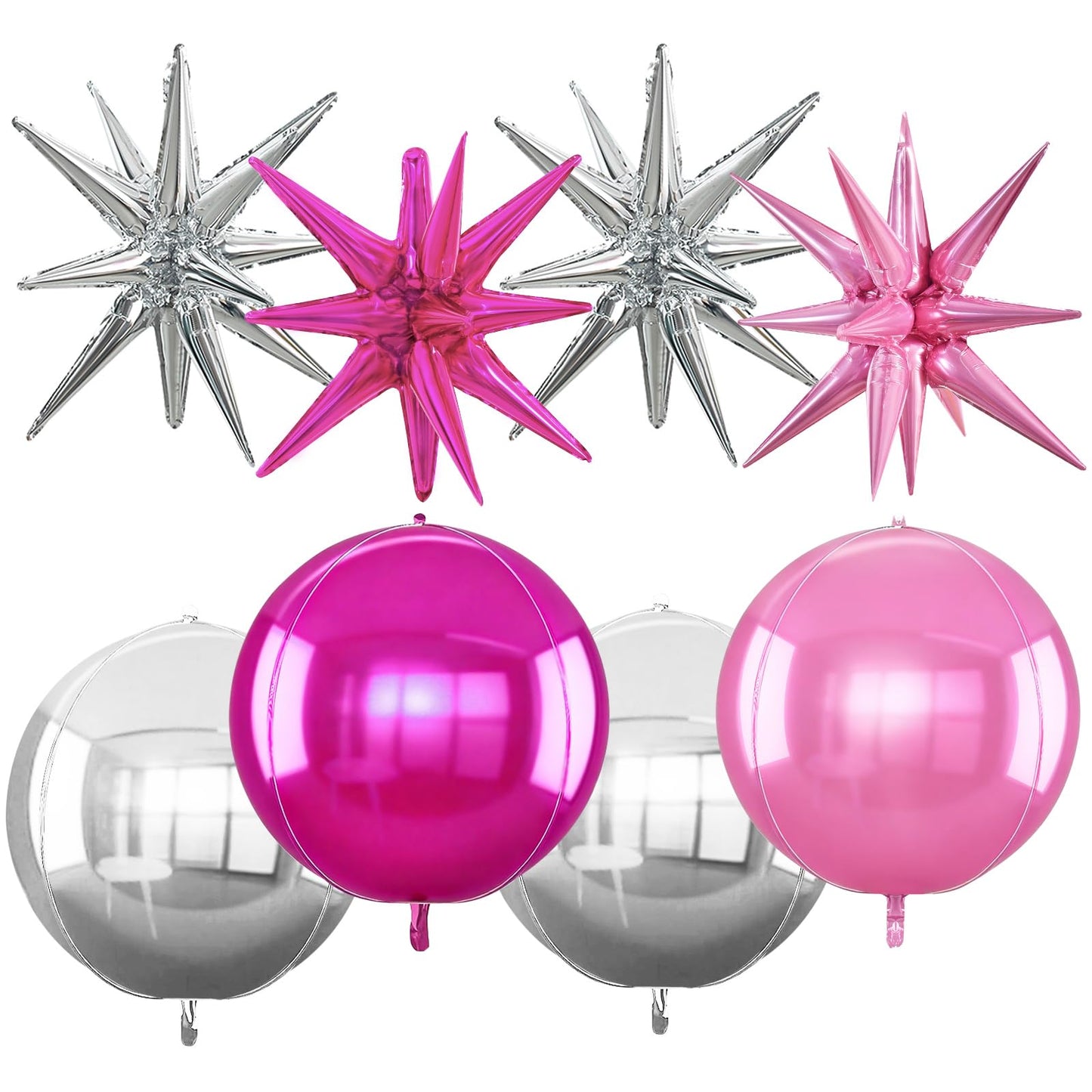 TONIFUL 8Pcs 22Inch Silver Pink Rose Red Large 4D Giant Round Star Balloons Explosion Star Mylar Balloons Set for Christmas New 
