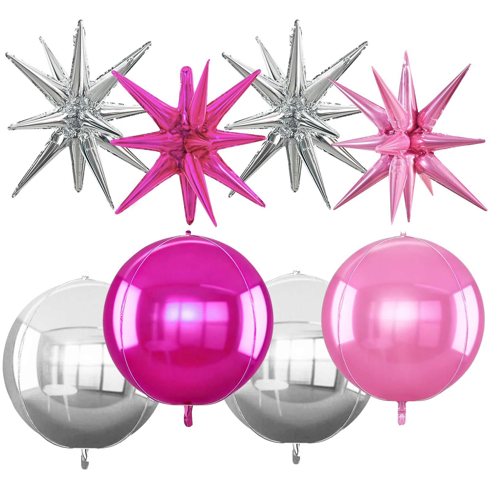 TONIFUL 8Pcs 22Inch Silver Pink Rose Red Large 4D Giant Round Star Balloons Explosion Star Mylar Balloons Set for Christmas New 