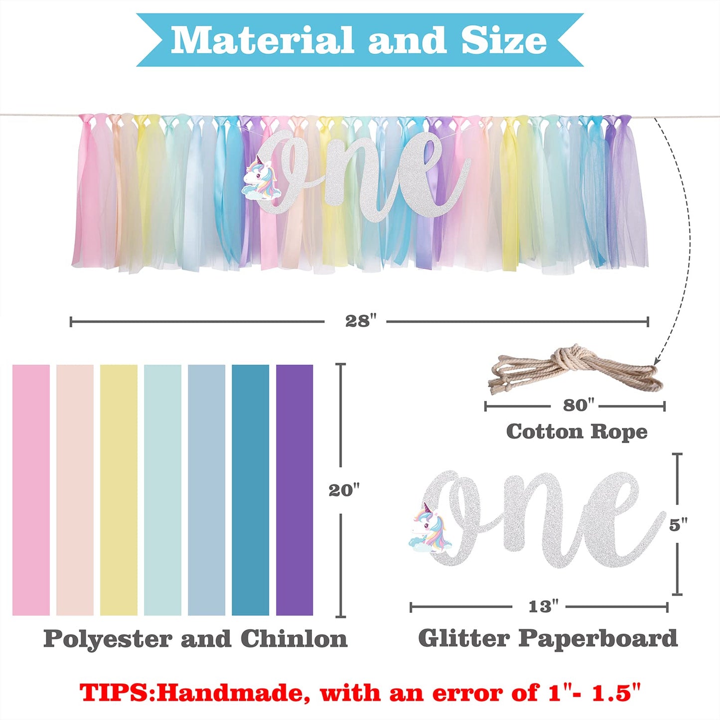 Unicorn Highchair Banner Decoration For Baby - 1St First Birthday Banner, High Chair Fabric Garland Party Supplies, Red Orange Y