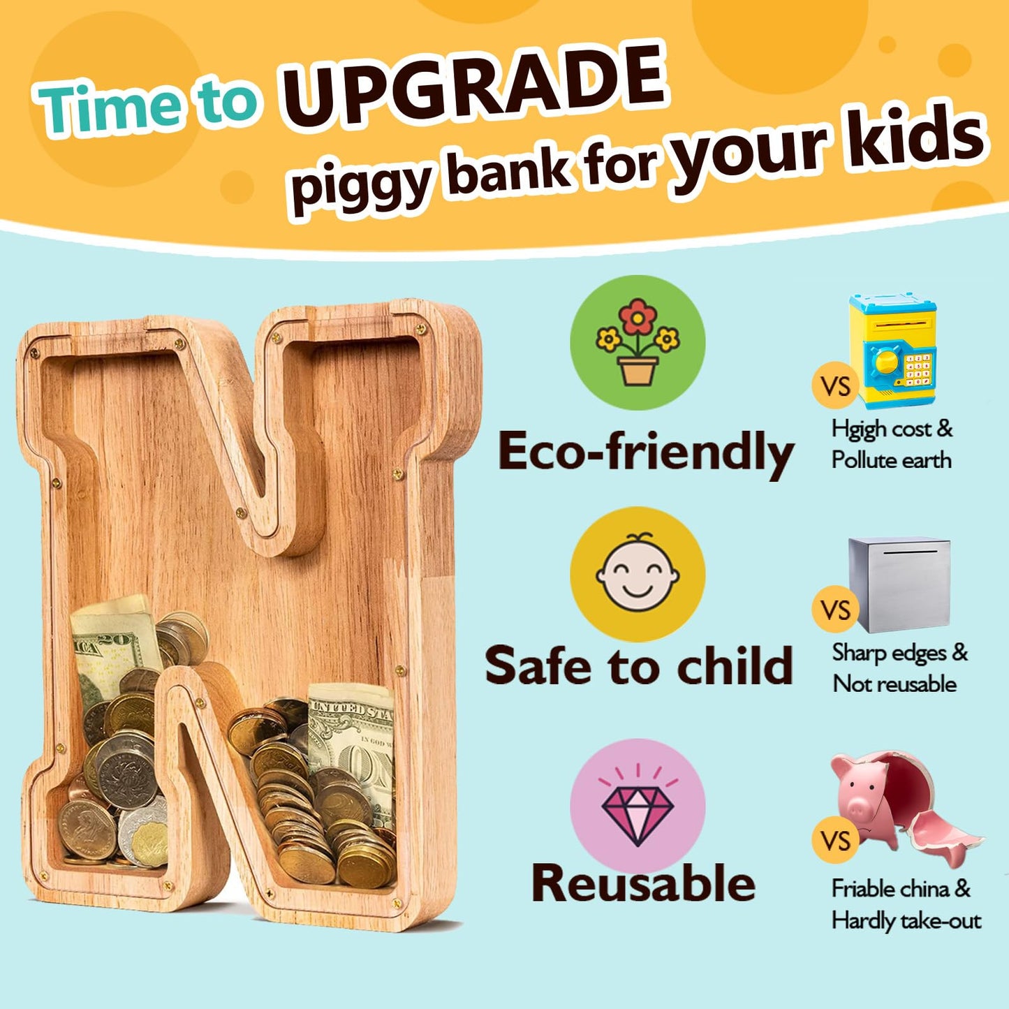 SummiDate Wooden Letter Piggy Bank| Piggy Bank for Boys Girls Toddler| Alphabet N Money Bank| Coin Bank Birthday Gift for Kids|Birthday Gift for Kids (N)