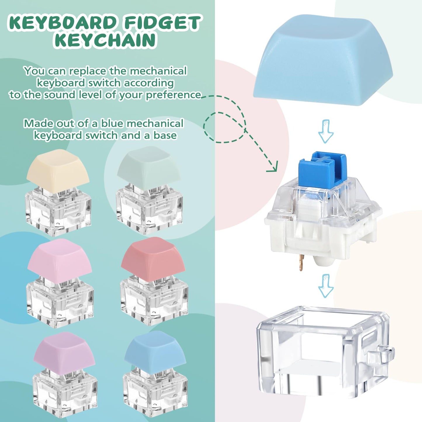 Axlksia 6 Pcs Keyboard Fidget Toy, Fidget Clicker Keyboard Fidget Keychain, Button Fidget Gifts for Adults to Relieve Stress and