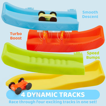 Toddler Toy For Babies Age 18M+, 4-Layer Car Ramp Race Track With 4 Cars, Multiple Parking Spaces And Button Trigger Start, Birt