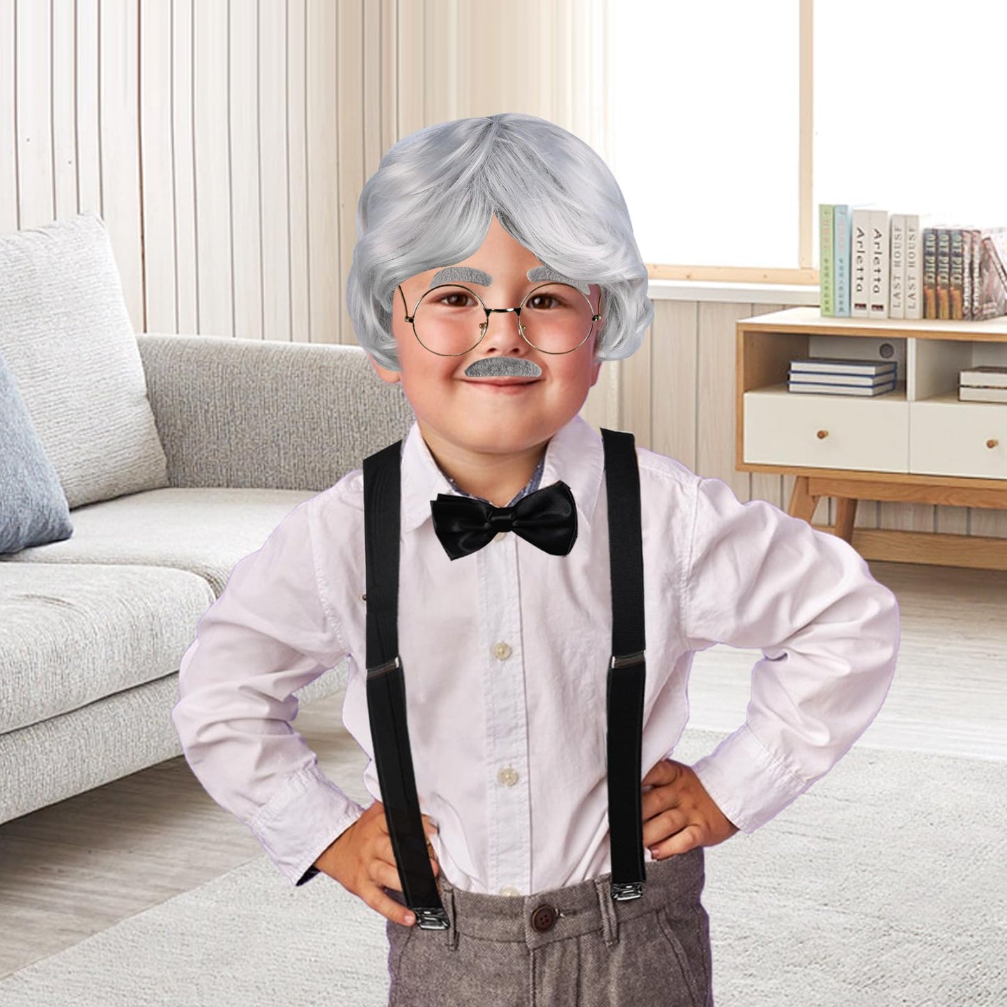Fraiieon 1920S Old Man Costume Set For Kids - 100Th Day Of School Grandpa Cosplay Accessories (Wig, Glasses, Bow Tie, Suspenders