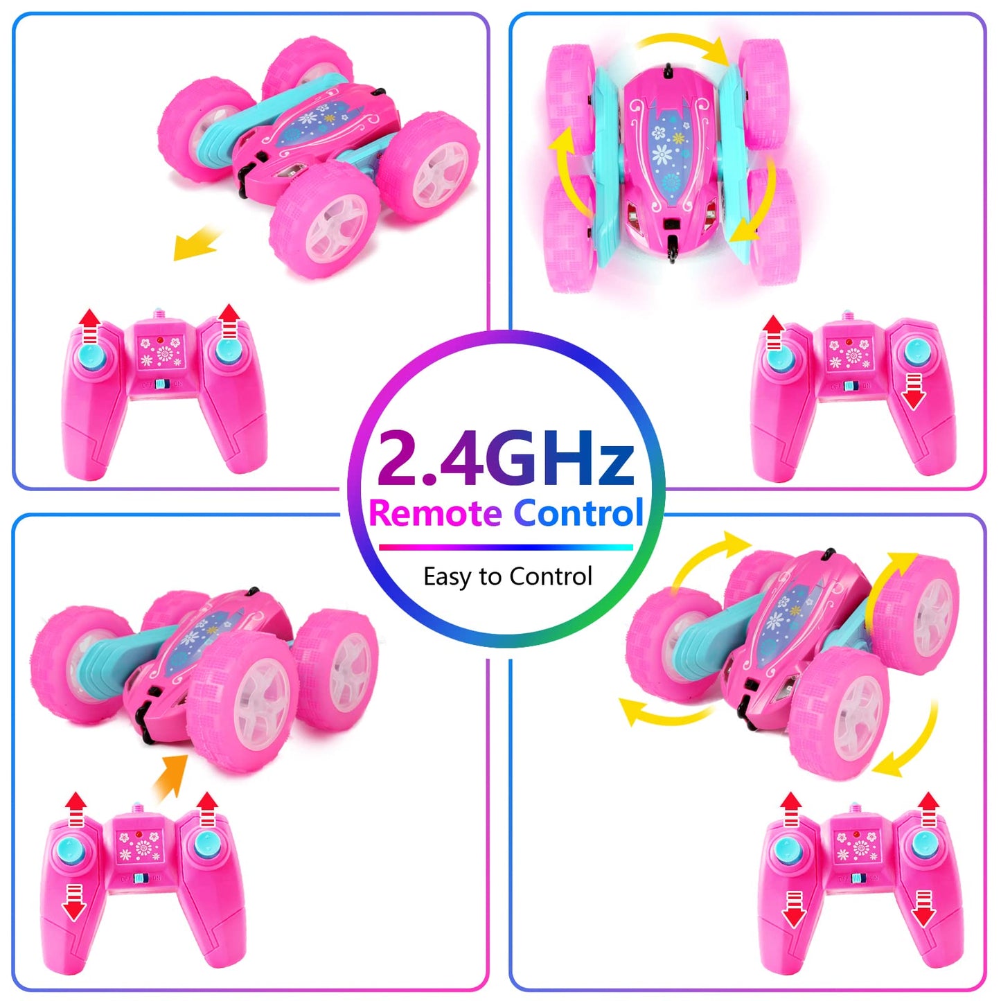 FREE TO FLY Remote Control Car for Girls : Pink RC Car Double Sided 360Flip Stunt Cars with Headlights & WheelLights Rechargeabl