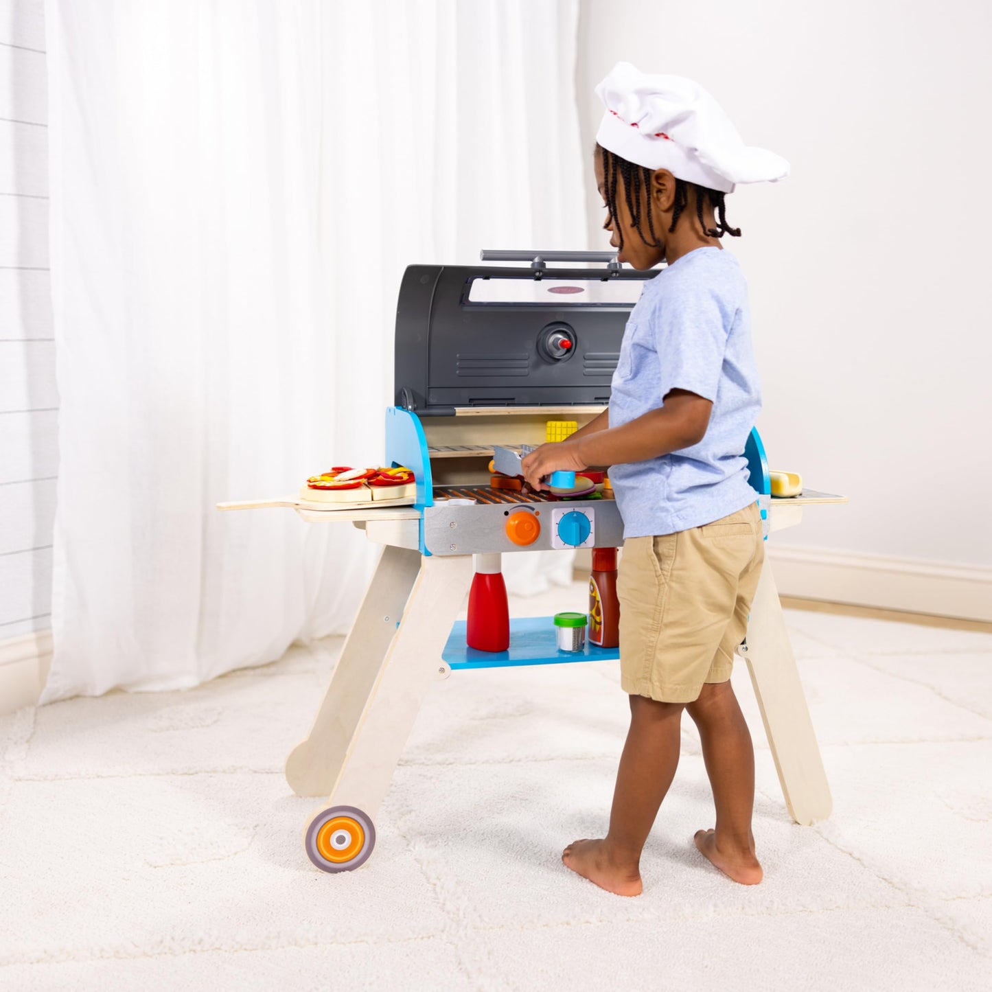 Melissa & Doug Wooden Deluxe Barbecue Grill, Smoker and Pizza Oven Play Food Toy for Pretend Play Cooking for Kids - FSC Certifi