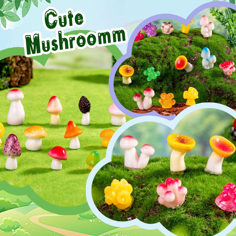 DIYDEC Mini Resin Mushrooms - 80pcs Multicolor Figures for Dollhouse Decor, 6.49 inches, Tiny Fairy Garden Accessories