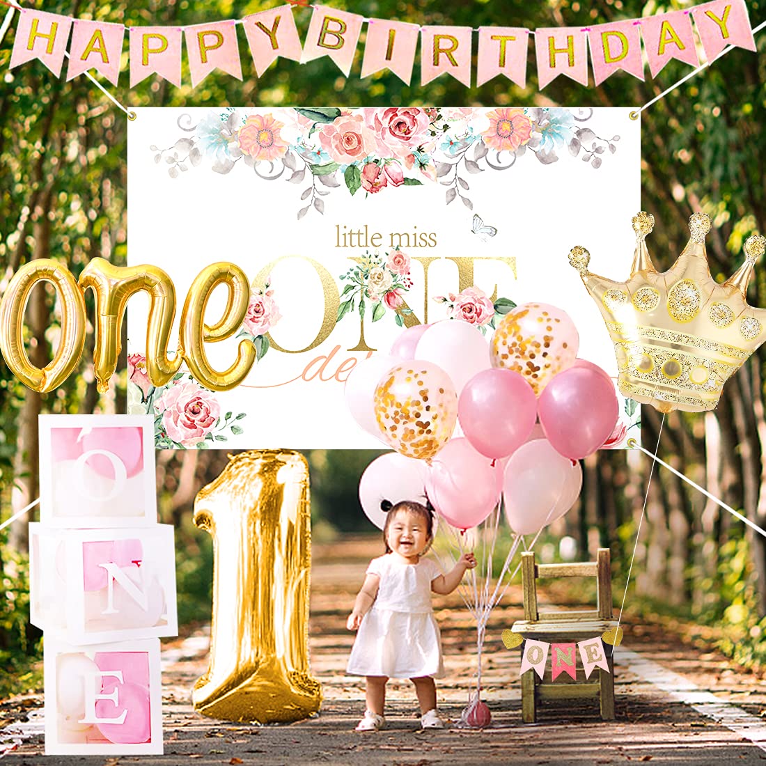 Pycalow First Birthday Decorations Girl - 1St Birthday Baby Girl Decorations Include Balloons Box, Backdrop, Crown, Banner, High