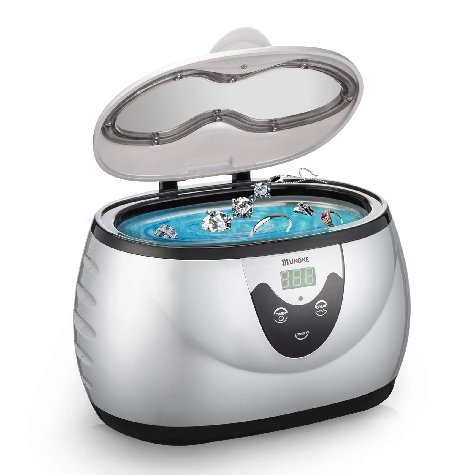UKOKE 3800S Professional Ultrasonic Jewelry Cleaner Machine  0.6L Portable Household Timer Device for Eyeglasses  Dentures  Watches  Rings | Silver  Fast Deep Cleaning for Small Accessories-New