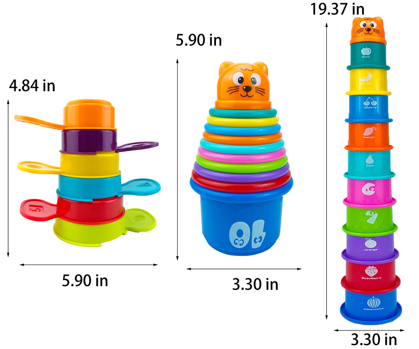 Ella Dream 17 Pcs Multicolor Nesting And Stacking Cups Set, Baby Bathtub Toys, Early Learning Educational Toys For Infants, Toddlers, Stacking Cups With The Numbers, Shapes, Fruits, Animals Patten