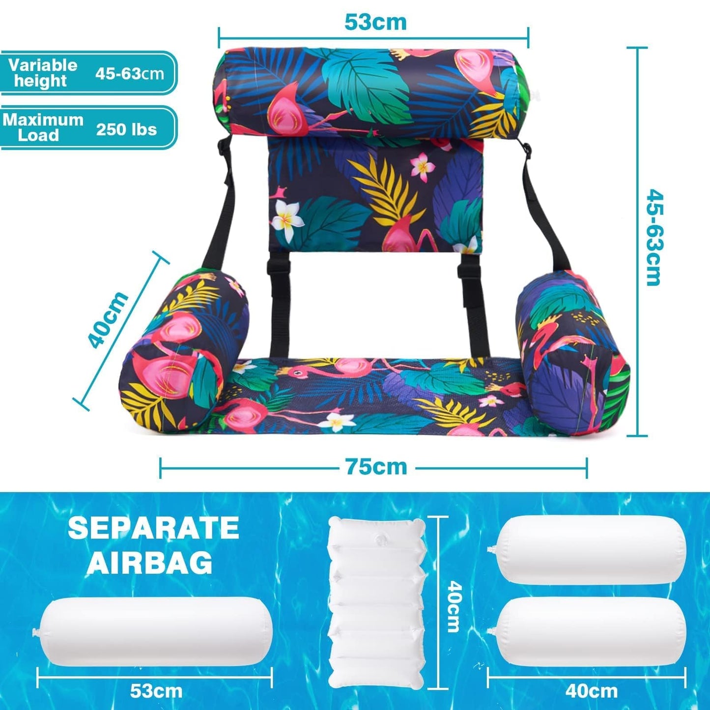 WERNNSAI Inflatable Pool Chair Float for mature-themed - 2 Pack Fabric Pool Float Hck Adjustable Floating Pool Lounge Chairs for Swimming Pool Beach Lake (Flamingos & Green Plants)