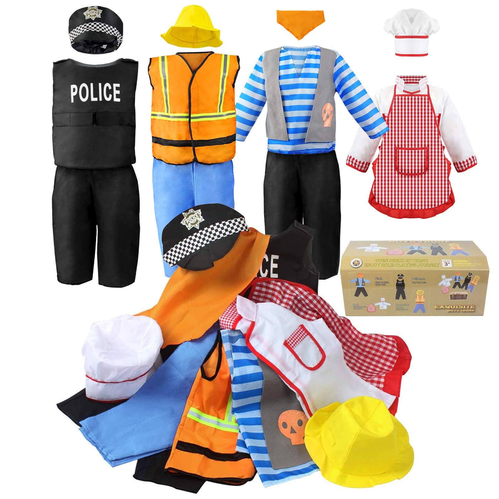 Jeowoqao Boys Dress Up Costumes Set, Kids Role Play Set 11pcs Dress Up Trunk Pirate, Chef, Construction Worker, Policeman Costu