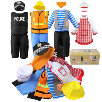 Jeowoqao Boys Dress Up Costumes Set, Kids Role Play Set 11pcs Dress Up Trunk Pirate, Chef, Construction Worker, Policeman Costu