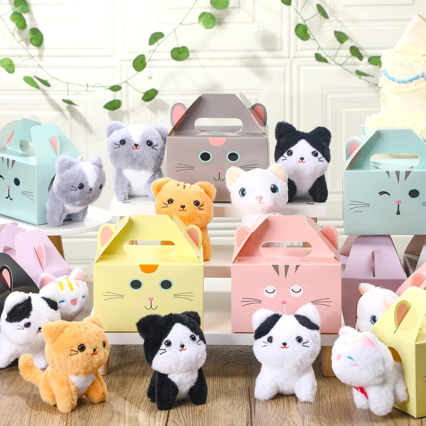 Fainne Adopt a Pet Cat Party Favors - 12 Mini Kitten Stuffed Animals & Gift Boxes - Multi-color - Pack of 24