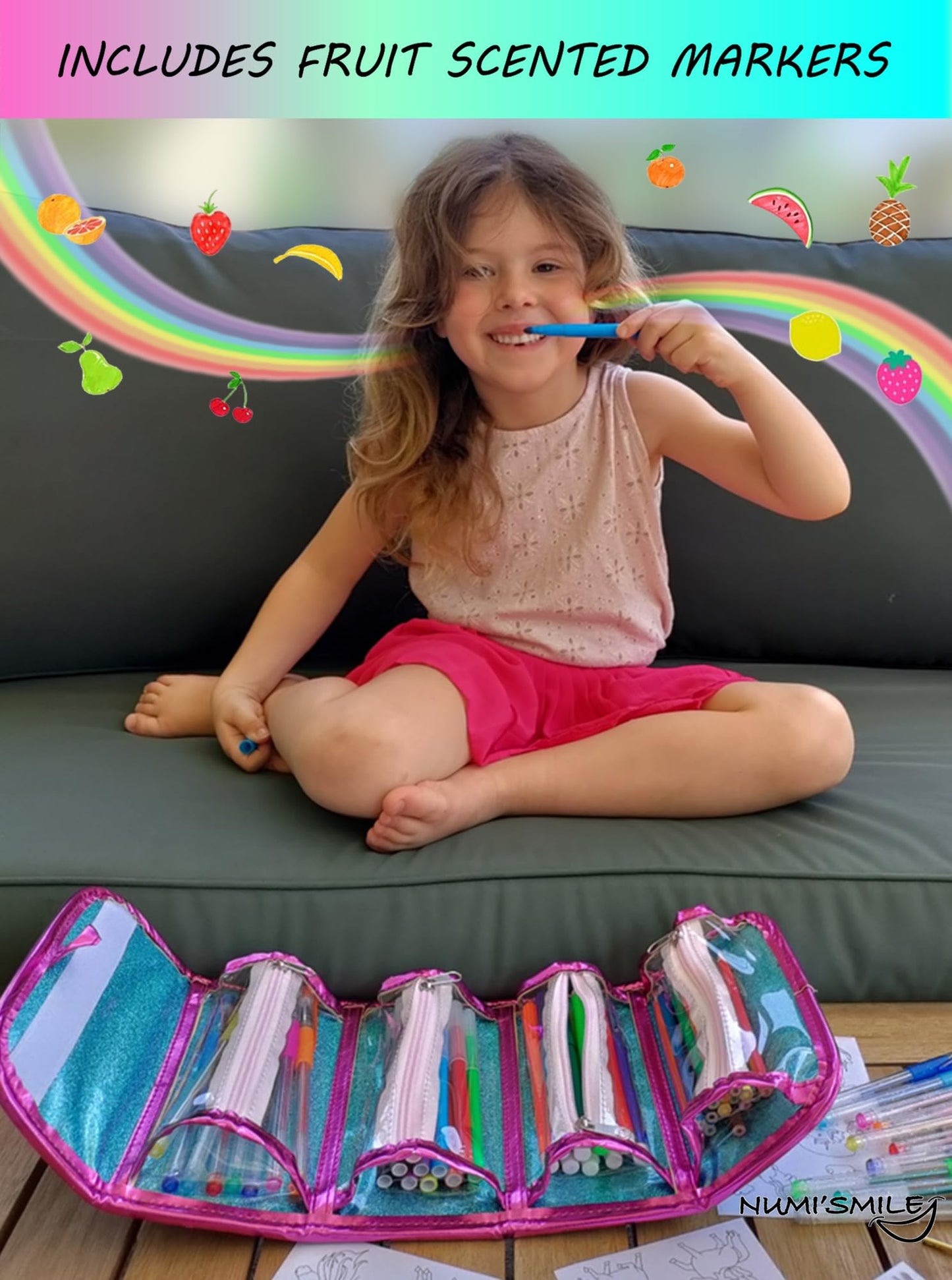 NUMI'SMILE Mermaid Pencil Case Art Set with Fruit Scented Markers, Purple, Model NSMPC-9278, Perfect for Girls Ages 3-10