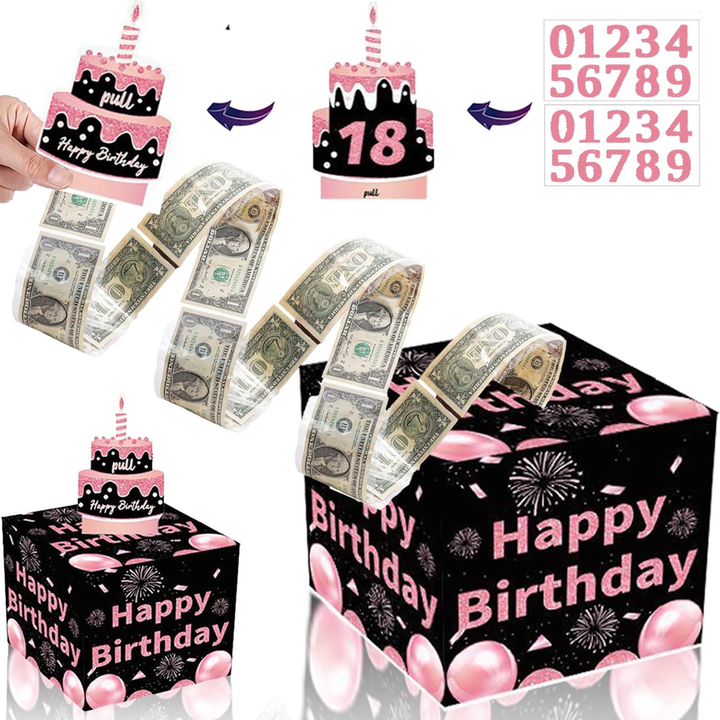 Birthday Money Box For Cash, Money Roll Gift Box For Cake Pull Out Kit With Cards Money As Money Bouquet, Surprise Birthday Mone