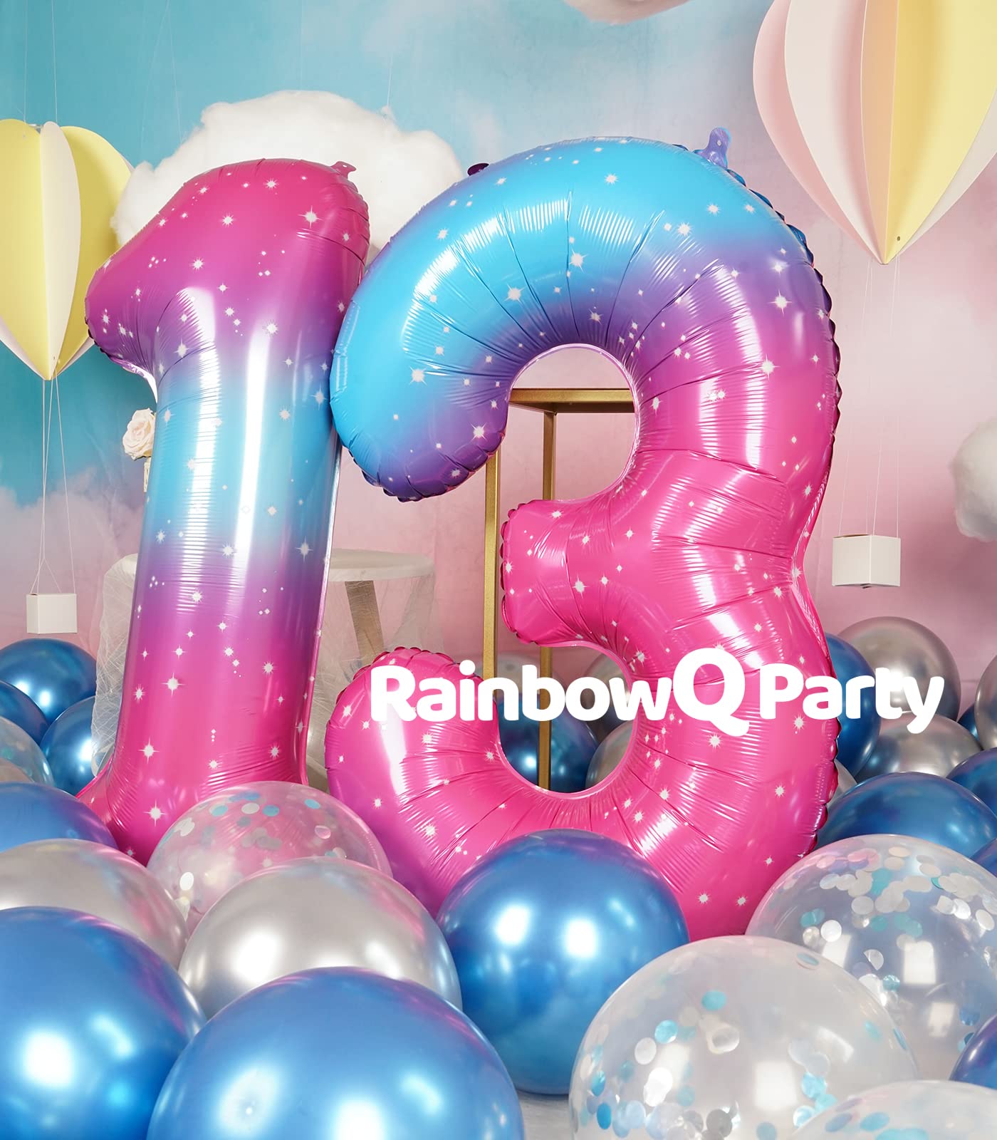 Rainbowq 13 Number Balloons 40 Inch For Boy Or Girl Big Starry 0-9 Foil Mylar Large Balloon Number 13 Happy 13Th Birthday Party