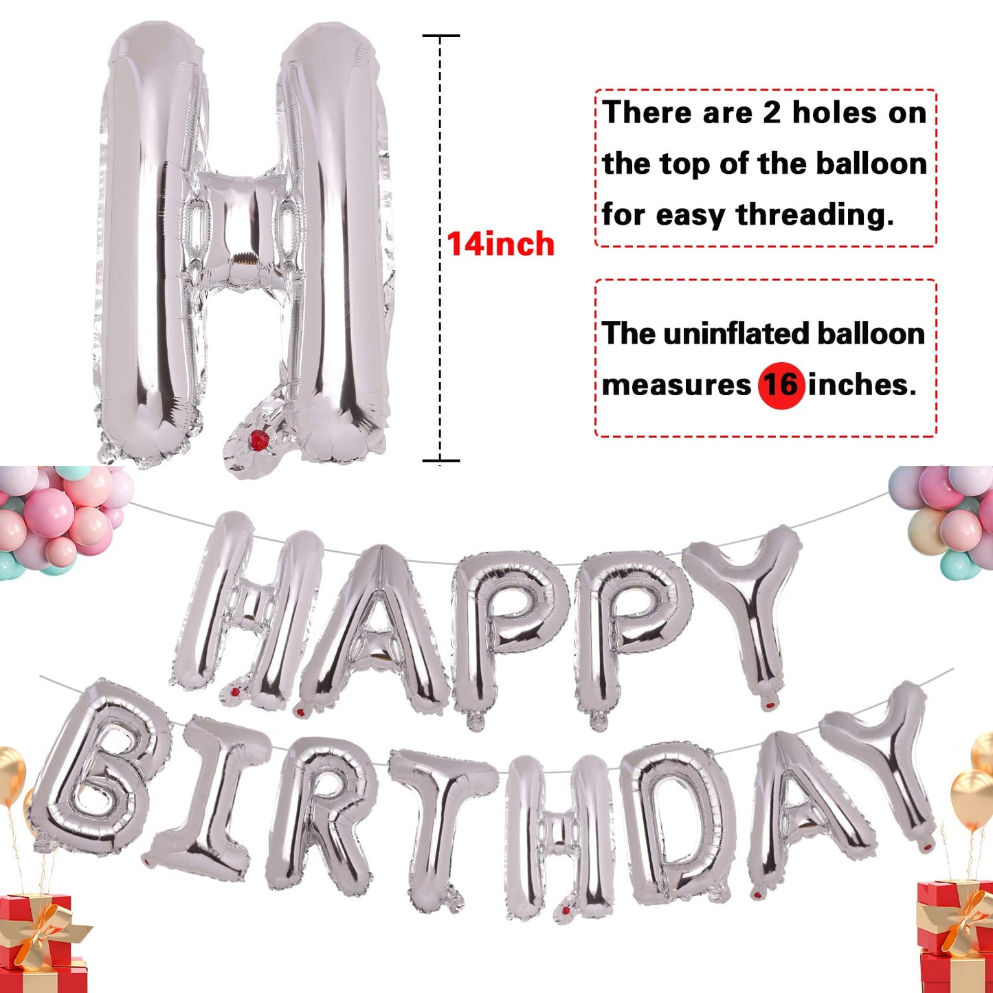Accevo Silver Mylar Foil Happy Birthday Balloon Banner - 16 Inch Aluminum Letters for Kids & Adults Party Decorations