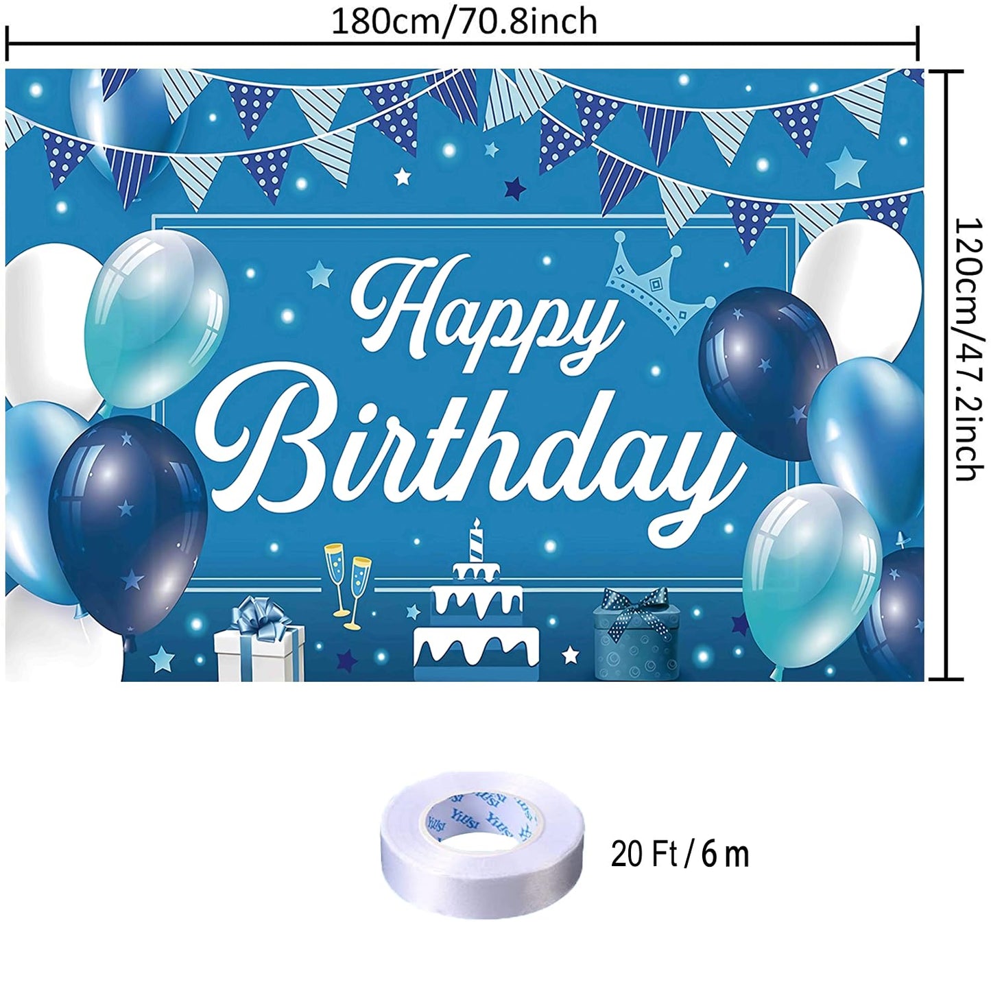 Blue Birthday Party Backdrop Blue Happy Birthday Banner Blue Photography Background For Home Decorations Party Supplies 70.8 X 4