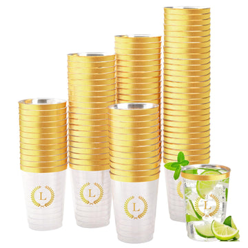 Datyiiha 100 Pieces Monogrammed Plastic Cups Gold Foil Letter L Disposable Cups 12 Oz Clear Initial Party Cups For Wedding Birth
