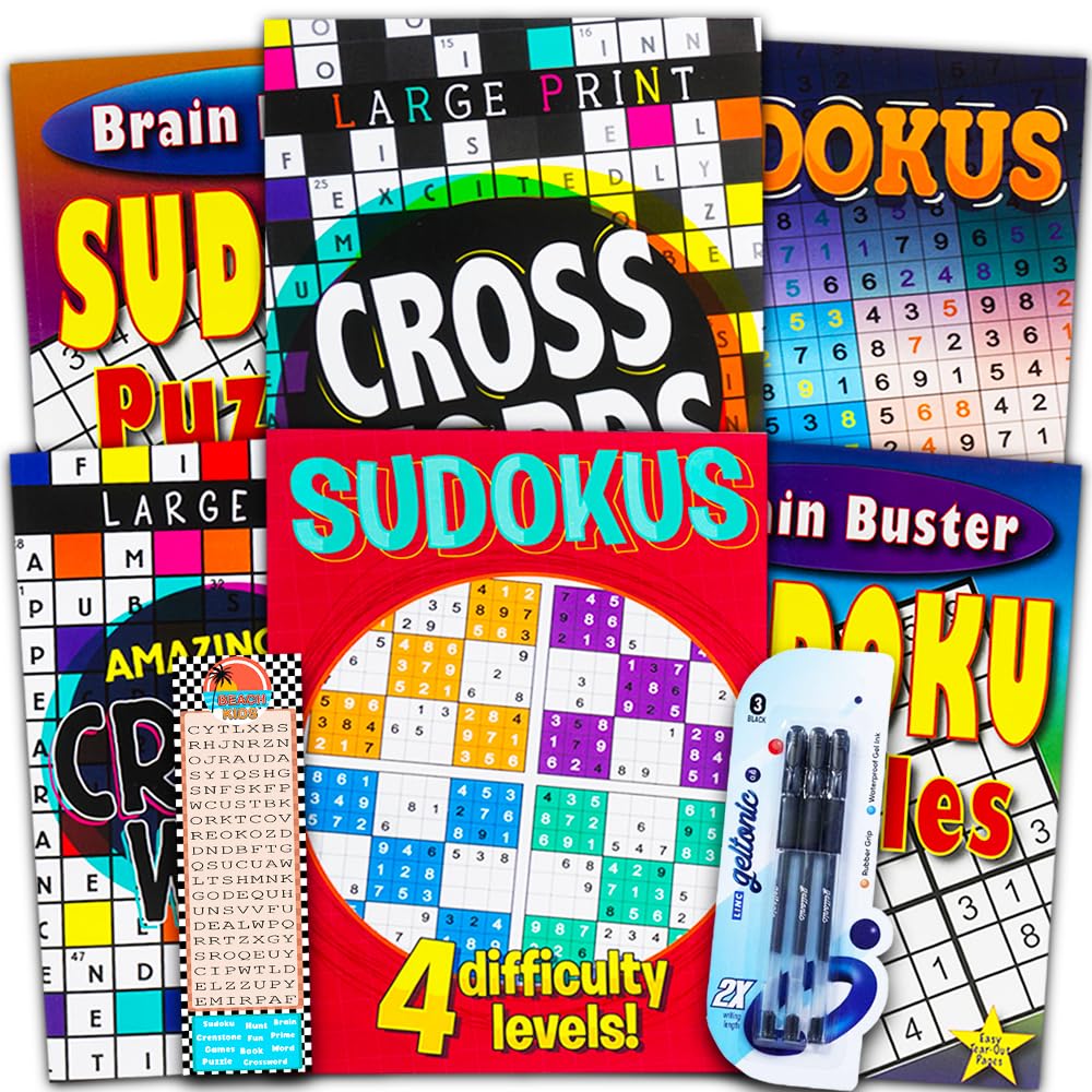 Sudoku Crossword Puzzle Books for Adults Seniors Super Set ~ Bundle of 6 Jumbo Crossword and Sudoku Puzzle Books Plus Pens and B