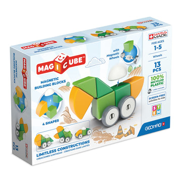 Geomag Swiss-Made Magicube 13-Piece Magnetic Shapes & Wheels Building Set, Cars & Characters, Stacking Blocks For Toddlers & Kid