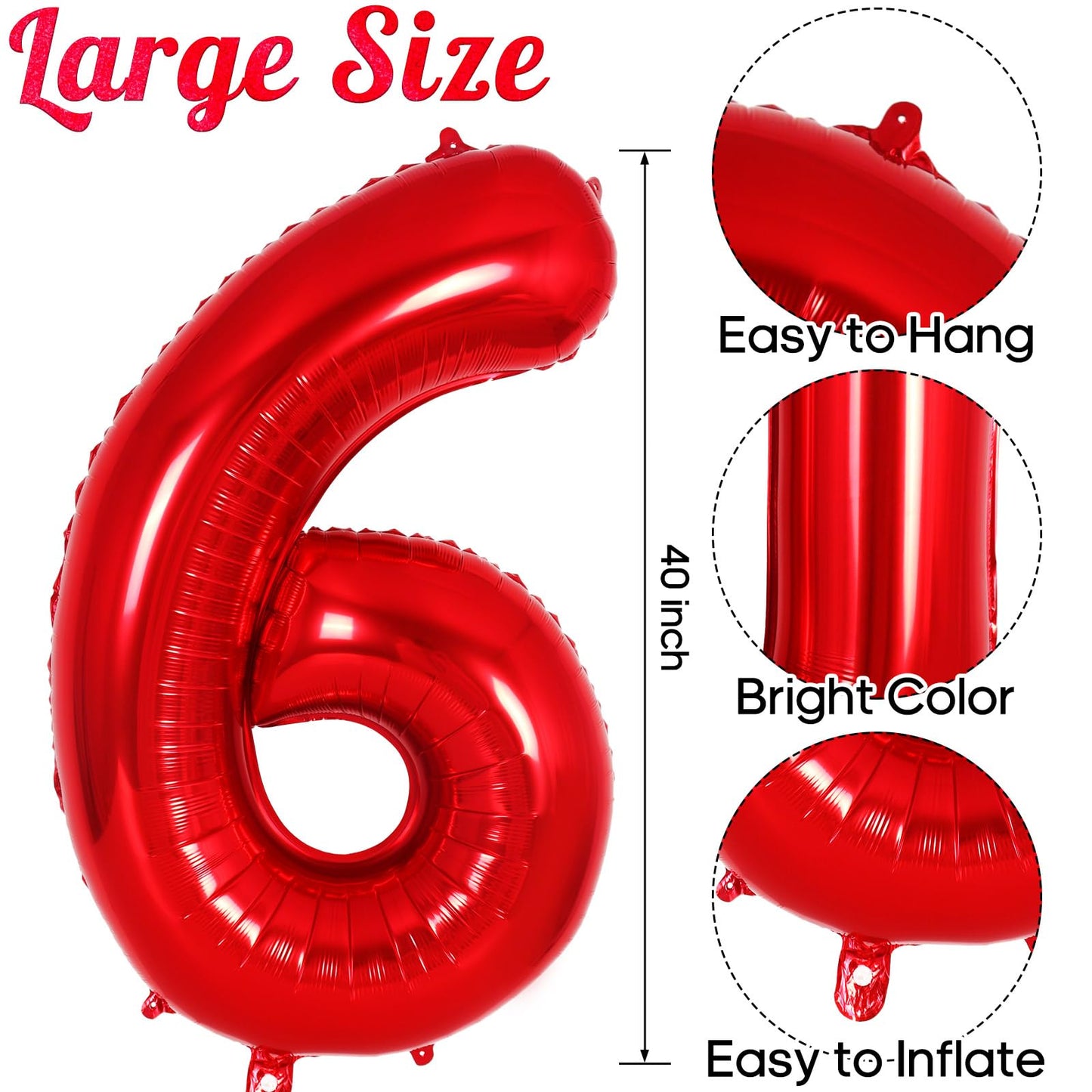 Red Number 6 Balloon 40 Inch, Big Large Foil Helium Number Balloons, Jumbo Giant Mylar Number 6 Balloons For 6 Year Old Birthday