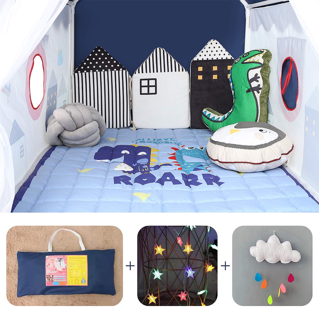 YOIKO Kids Tent Indoor Playhouse with Star String Lights, 50.4" x 47.3", PVC, Model YK_PT_002, Blue, Colorful Accessories Included