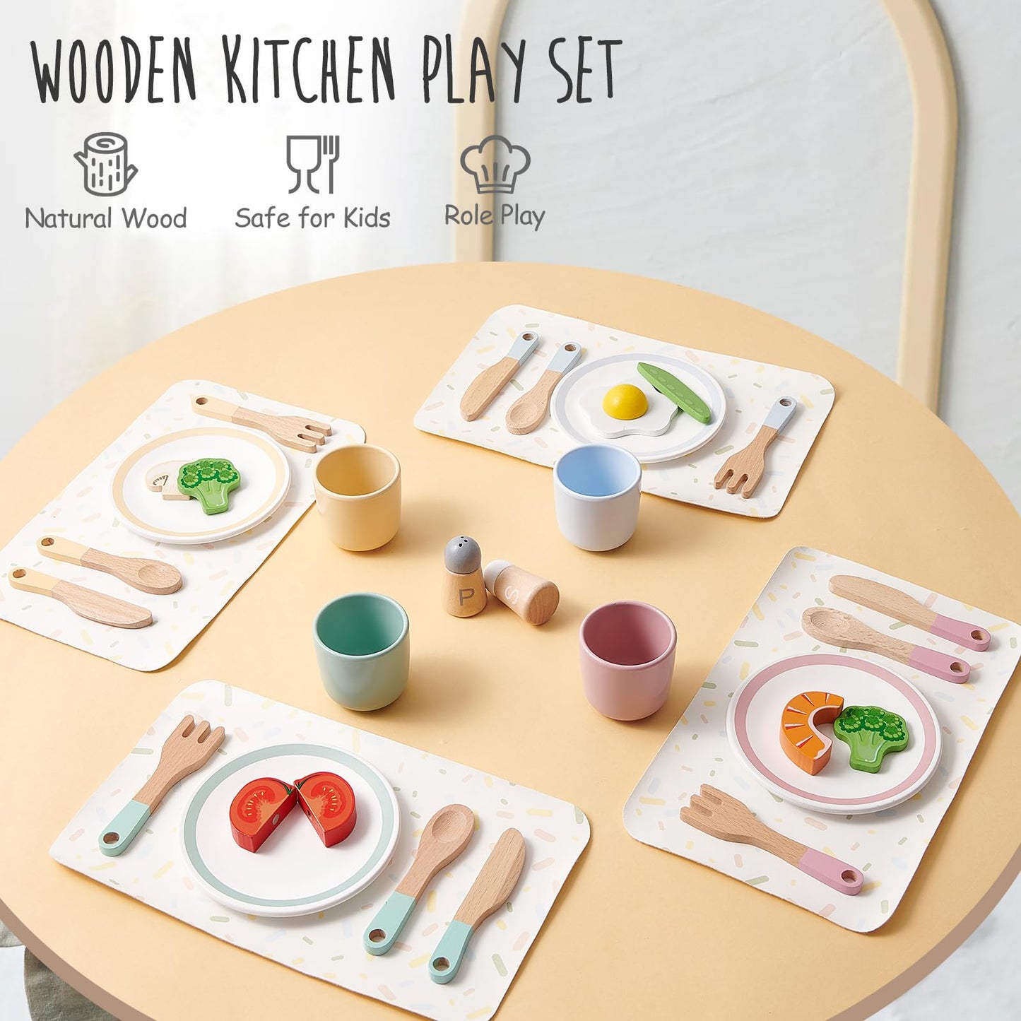 Lonico Wooden Play Kitchen Accessories Toys for Toddlers 3-5, Kids Play Kitchen with Realistic Plates & Dishes & Tableware, Mont