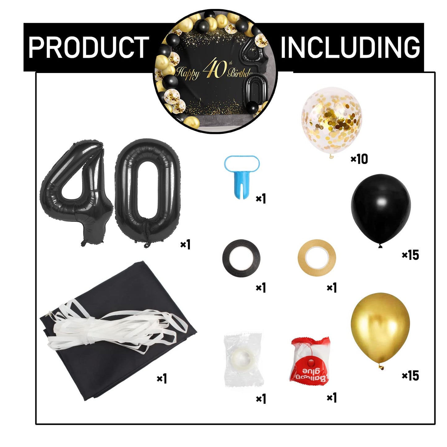 Happy 40Th Birthday Balloons Black Set Decor - Cheers To 40 Years Old Party Theme Garland Banner Backdrop Decorations For Women