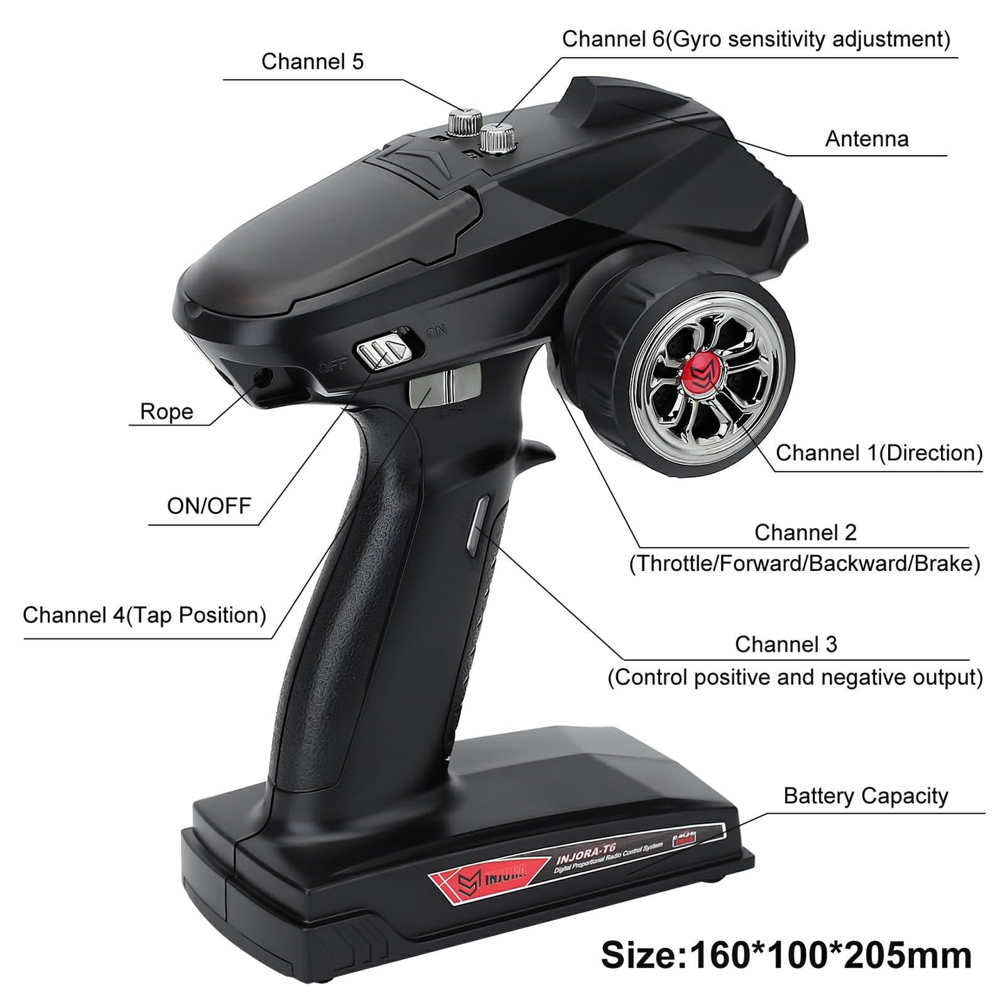 INJORA RC Transmitter 2.4GHz 6CH Controler and Receiver with Gyro Remote Inside Receiver for 1/8 1/10 RC Car Boat Tanks Crawler