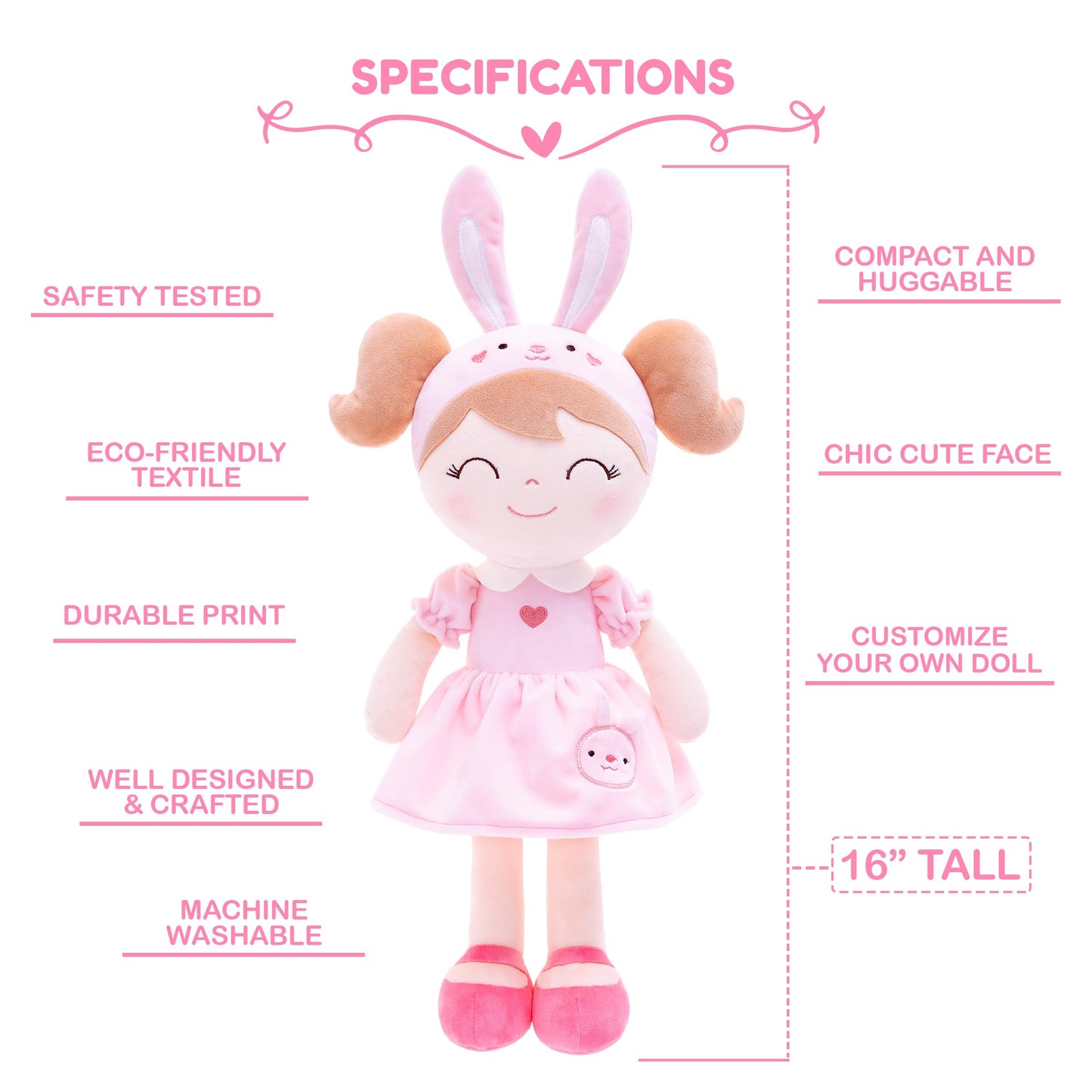 Gloveleya Personalized Doll with Your Name - Cute Pink Bunny Custom Soft Plush Doll for Girls Plush Doll Customized Gifts - Muec