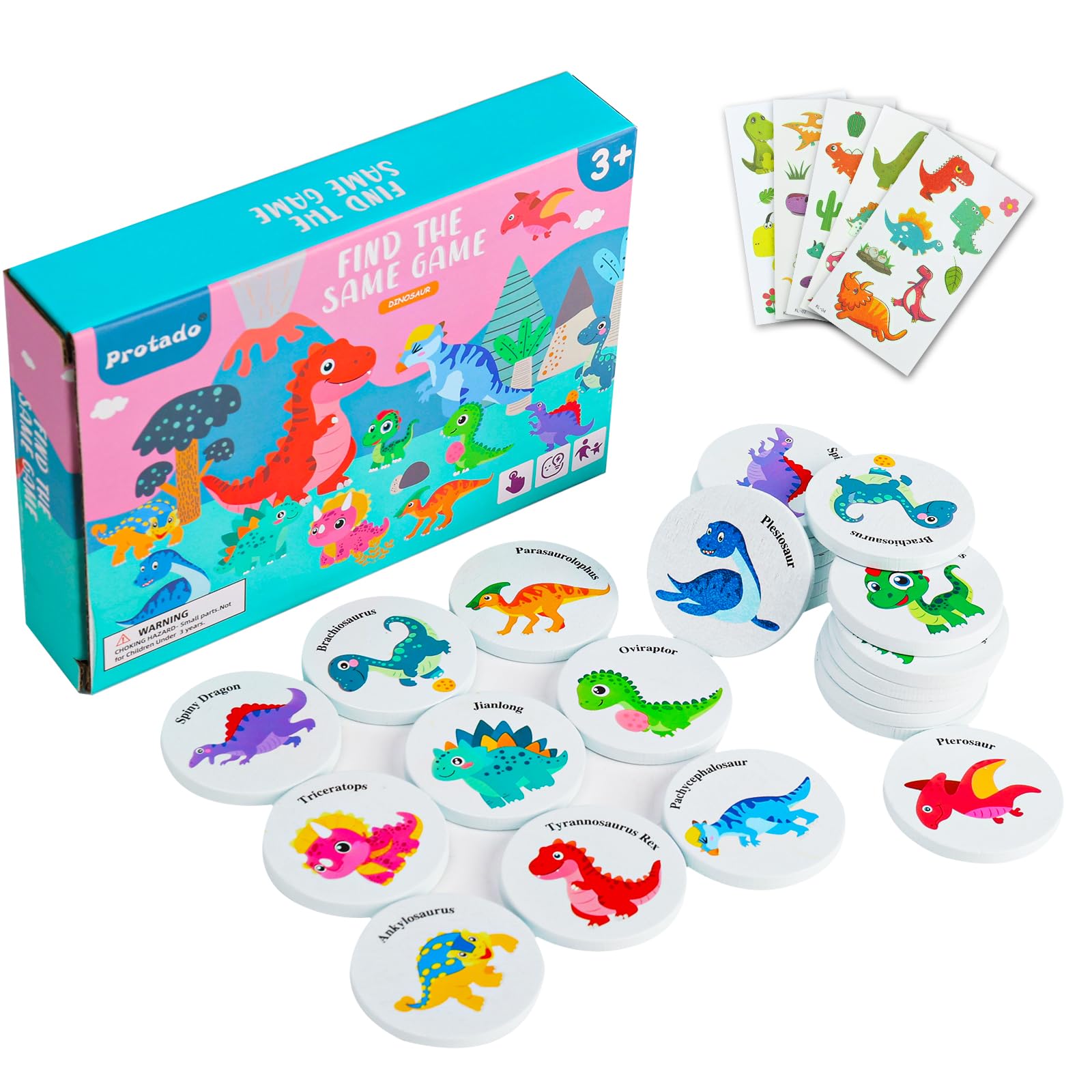 Wooden Dinosaur Memory Game For Kids - 24-Piece Matching Cards & 5 Tattoo Stickers, Educational Toys For Pre-Kindergarten Early Learning