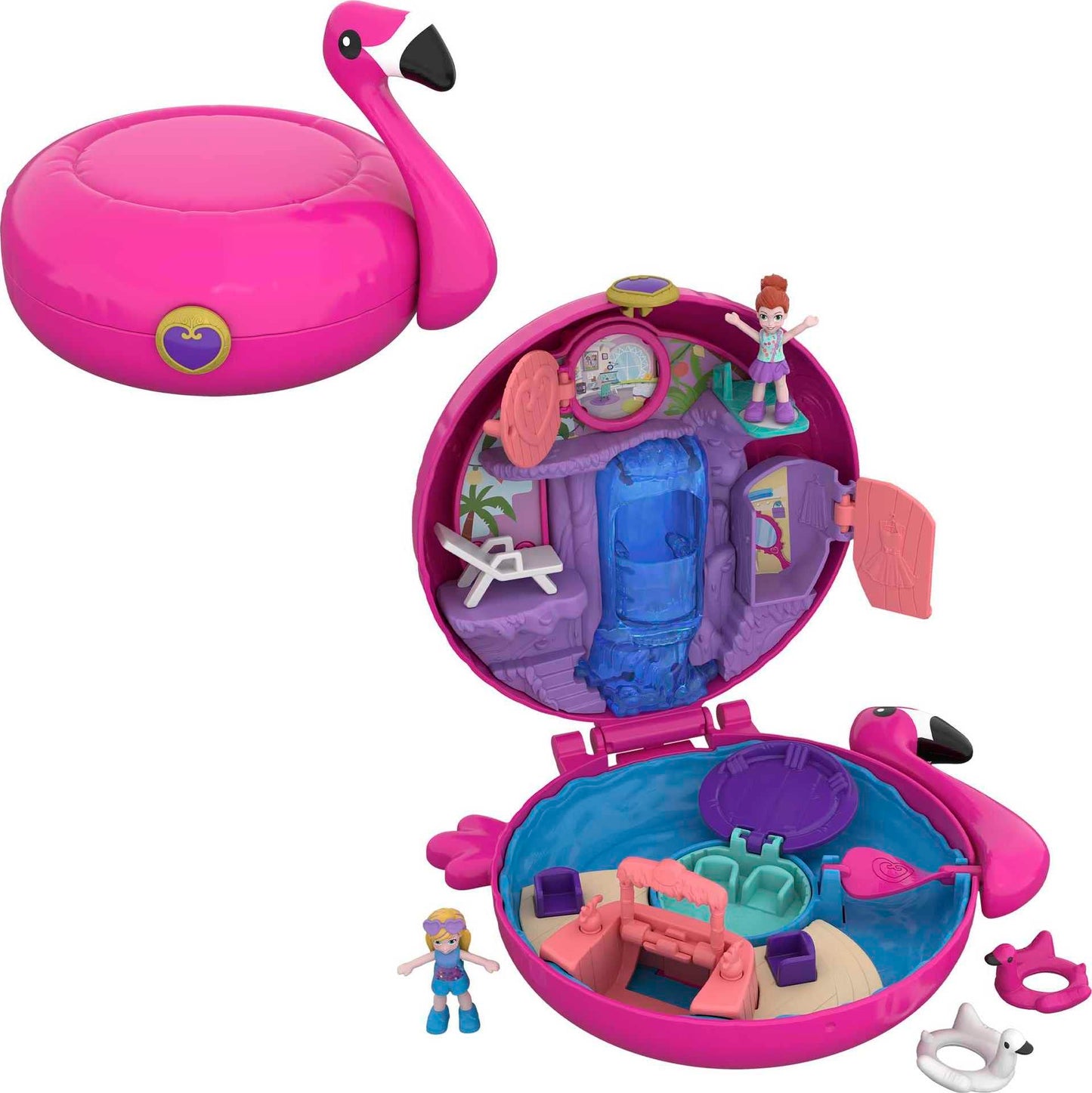 Polly Pocket Compact Playset, Flamingo Floatie with 2 Micro Dolls & Accessories, Travel Toy with Surprise Reveals