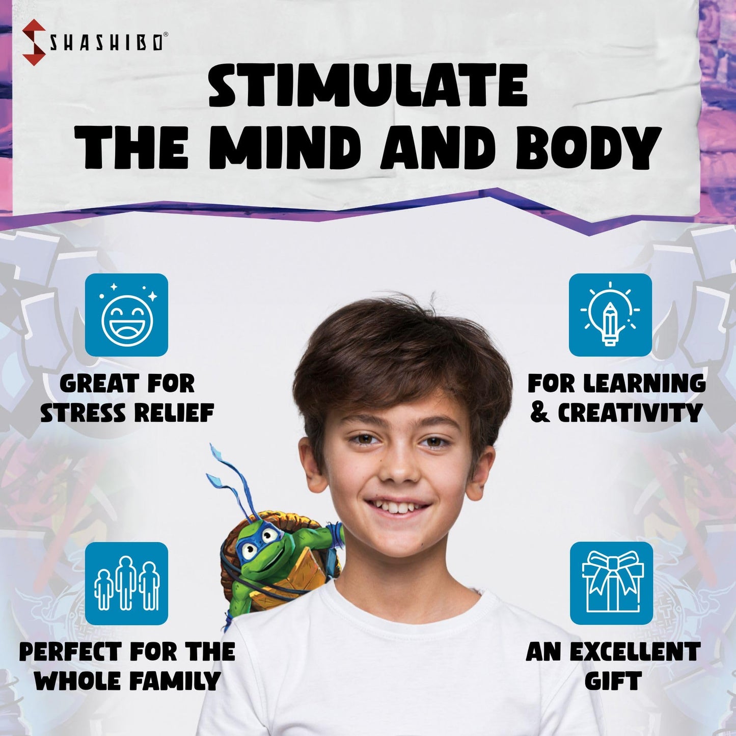 Shashibo Teenage Mutant Ninja Turtles Shape Shifting Box - Award-Winning, Patented Magnetic Puzzle Cube W/36 Rare Earth Magnets -Fidget Cube Transforms Into Over 70 Shapes (Leo Series 1)
