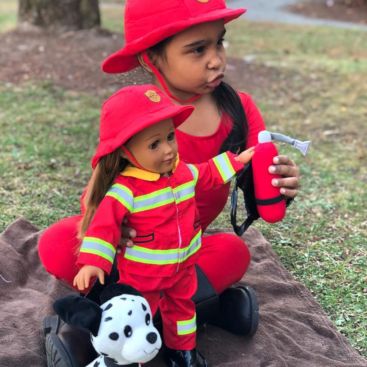 Playtime By Eimmie 18 Inch Doll Clothes - Firefighter Outfit, Matching Hat & Pet Dog Accessories Set - Outfits Fit American, Gen