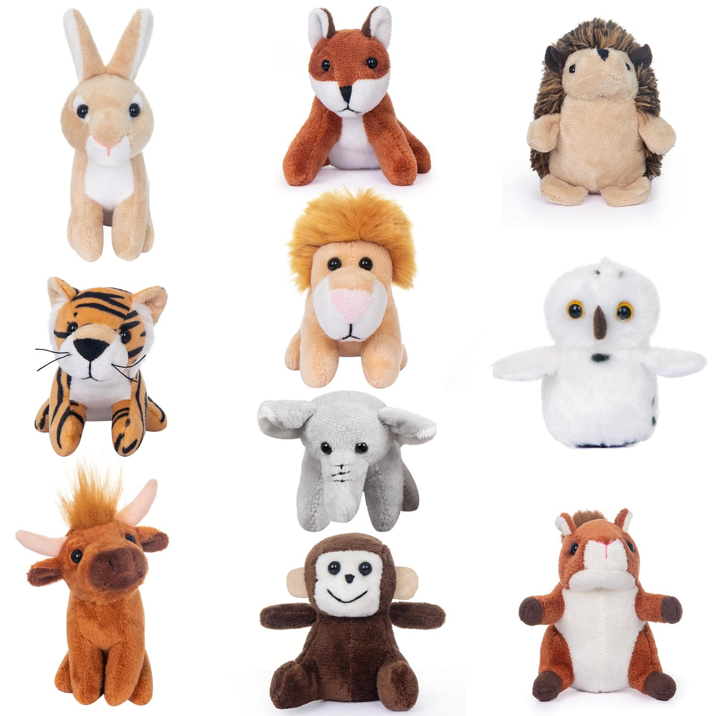 My Oli 10 Pack Plush Wild Animals Toys 3.5 Inch Jungle Small Stuffed Animal Bulk Plush Toys For Kids, Plush Tiger Lion Elephant Monkey Hedgehog Rabbit Squirrel Owl Fox Bison