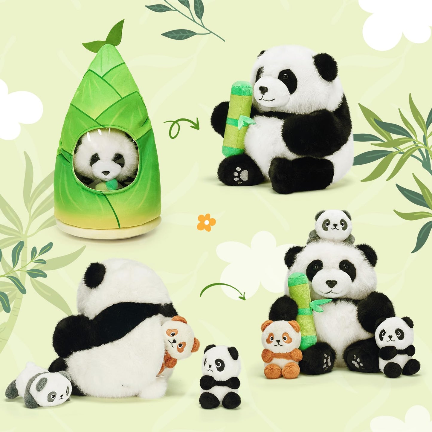 Ouozzz Panda Stuffed Animals With 3 Babies Inside Panda Bear Plush Toys With 19' Bamboo Shoot Bag - Gift Present Toys For Girls Boys Kids Toddler