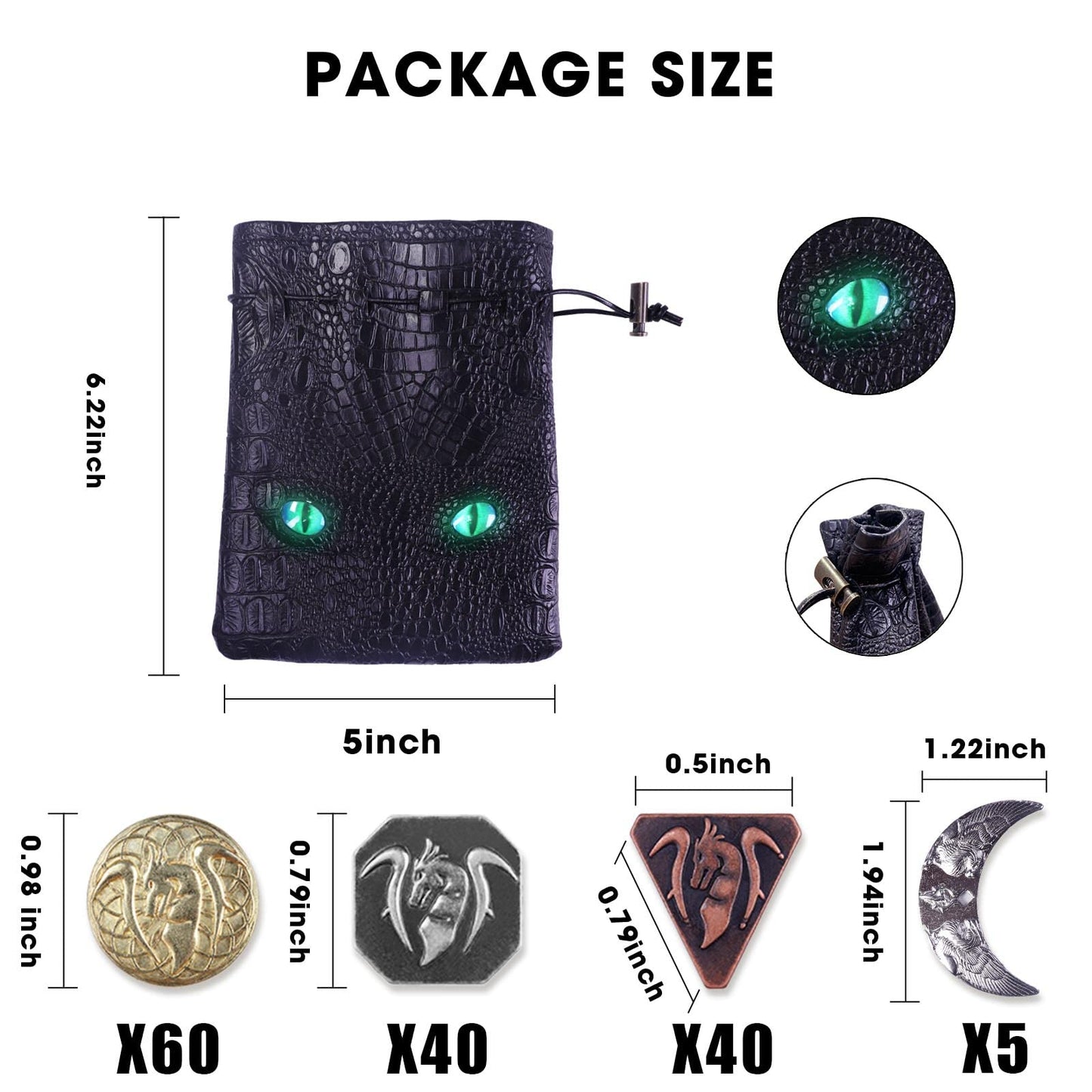 Byhoo 145PCS Metal DND Coins Set, 60 Gold, 40 Silver, 40 Copper, 5 Platinum, Medium Leather Bag, Glow in The Night Eyes